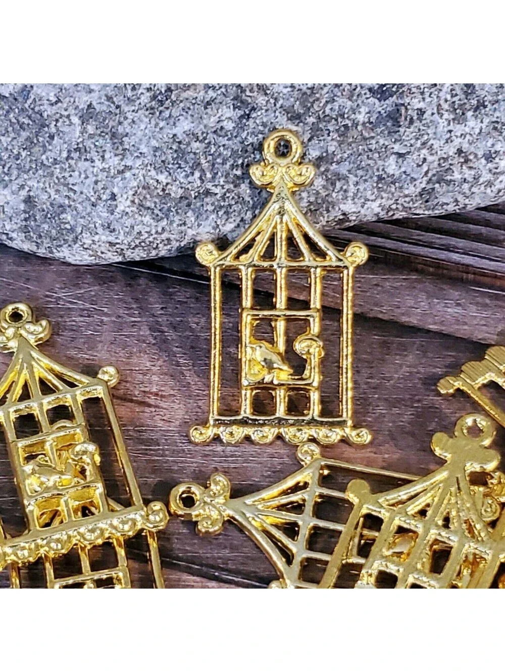Gold 14K Plated Pewter Art Deco Nouveau Bird & Cage Pendants 29x18mm 2 pcs